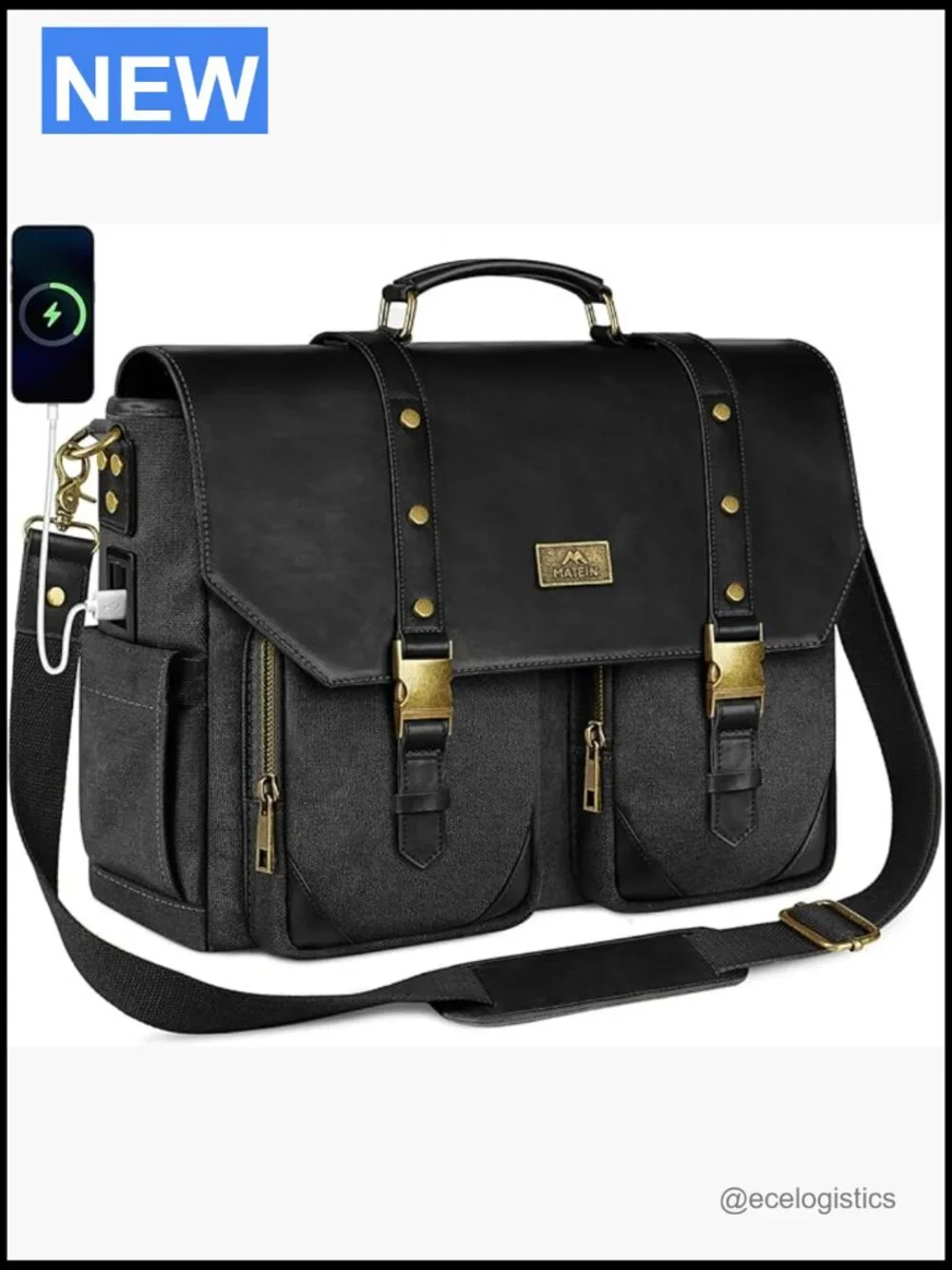 Vintage Messenger Bag 15.6 Laptop Canvas PU Leather USB Port